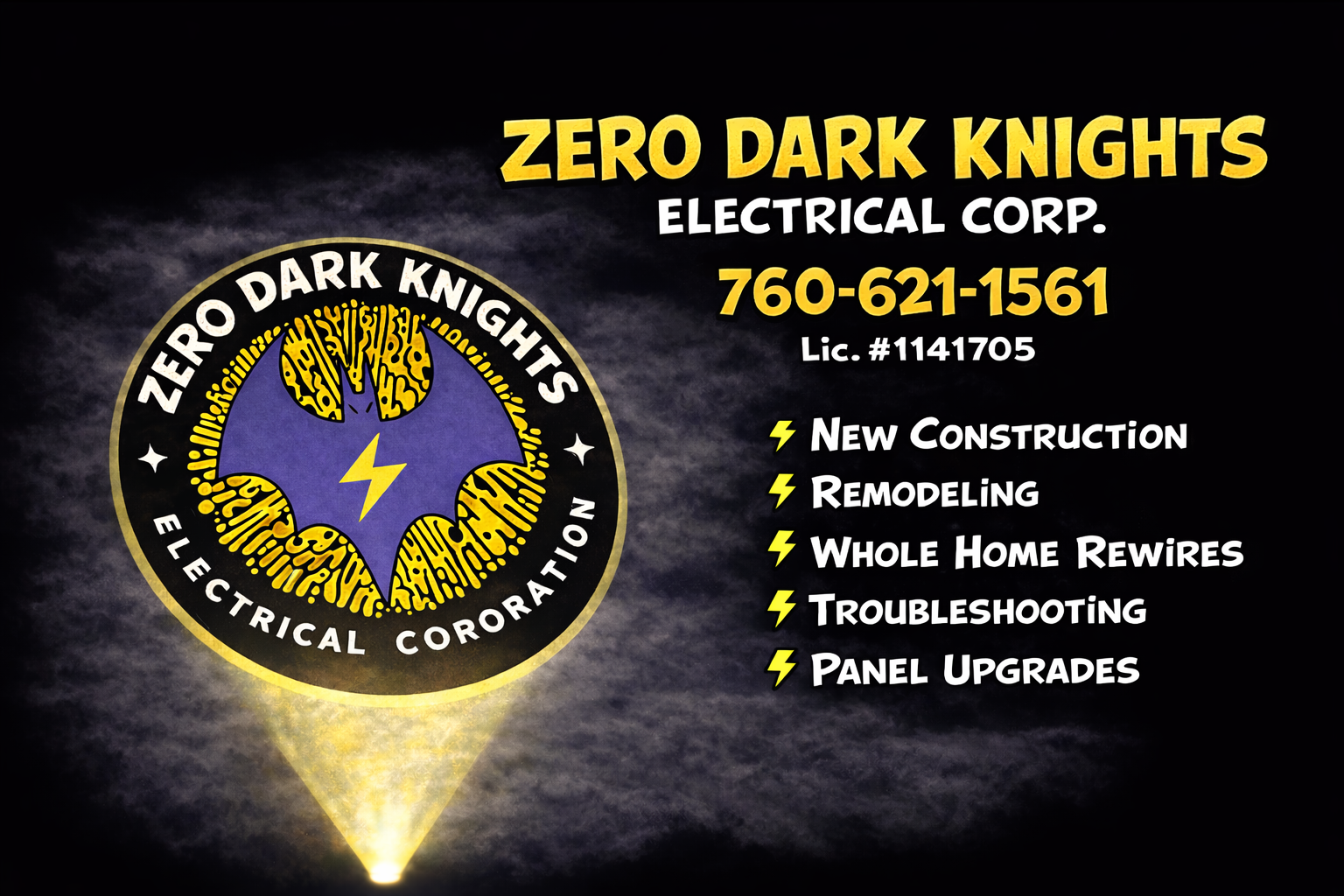 Original Zero Dark Knights Electrical Corp. business card showing its contact number, California license number, and services